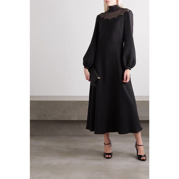 VALENTINO GARAVANI Tulle-trimmed scalloped silk-crepe midi dress Size 40 - Picture 1 of 16